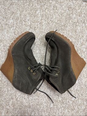Michael Kors Black Suede Lace-Up Wedge Booties with Brown Cork Heel